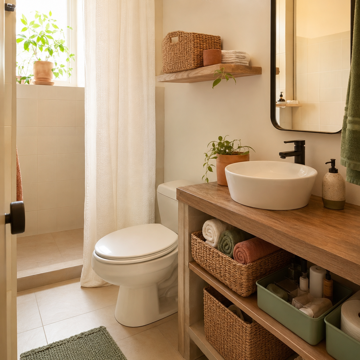 Baño pequeño, cálido y organizado con canastos y toallas