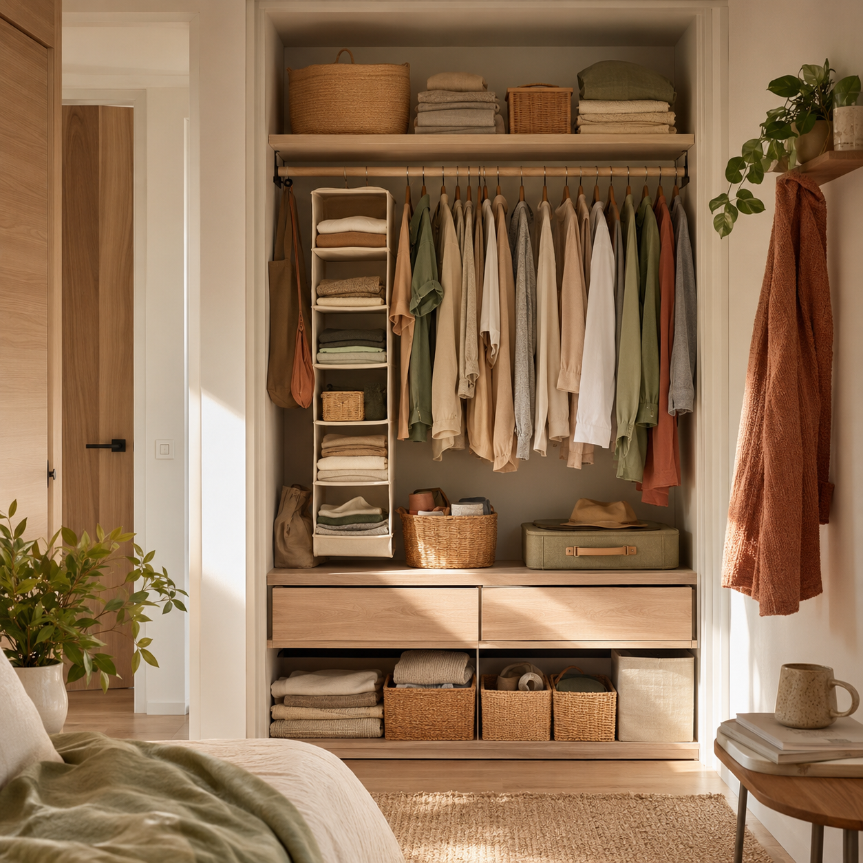 Clóset pequeño organizado con tonos cálidos, cestas y ropa ordenada