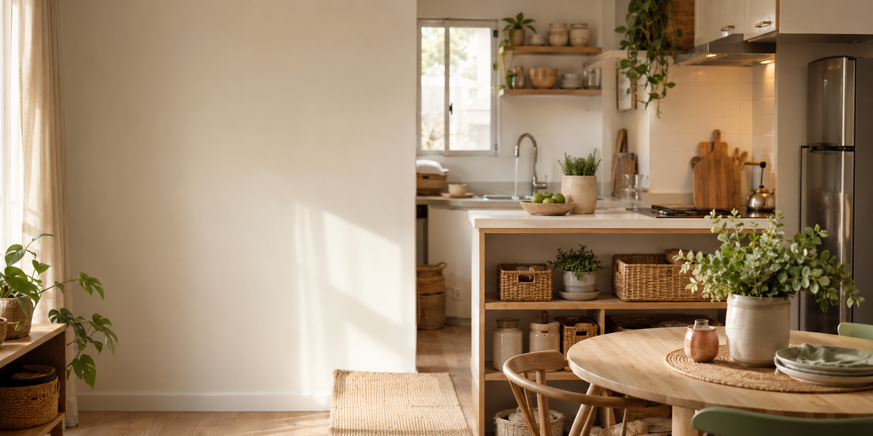 Cocina pequeña, cálida y organizada con soluciones de almacenamiento