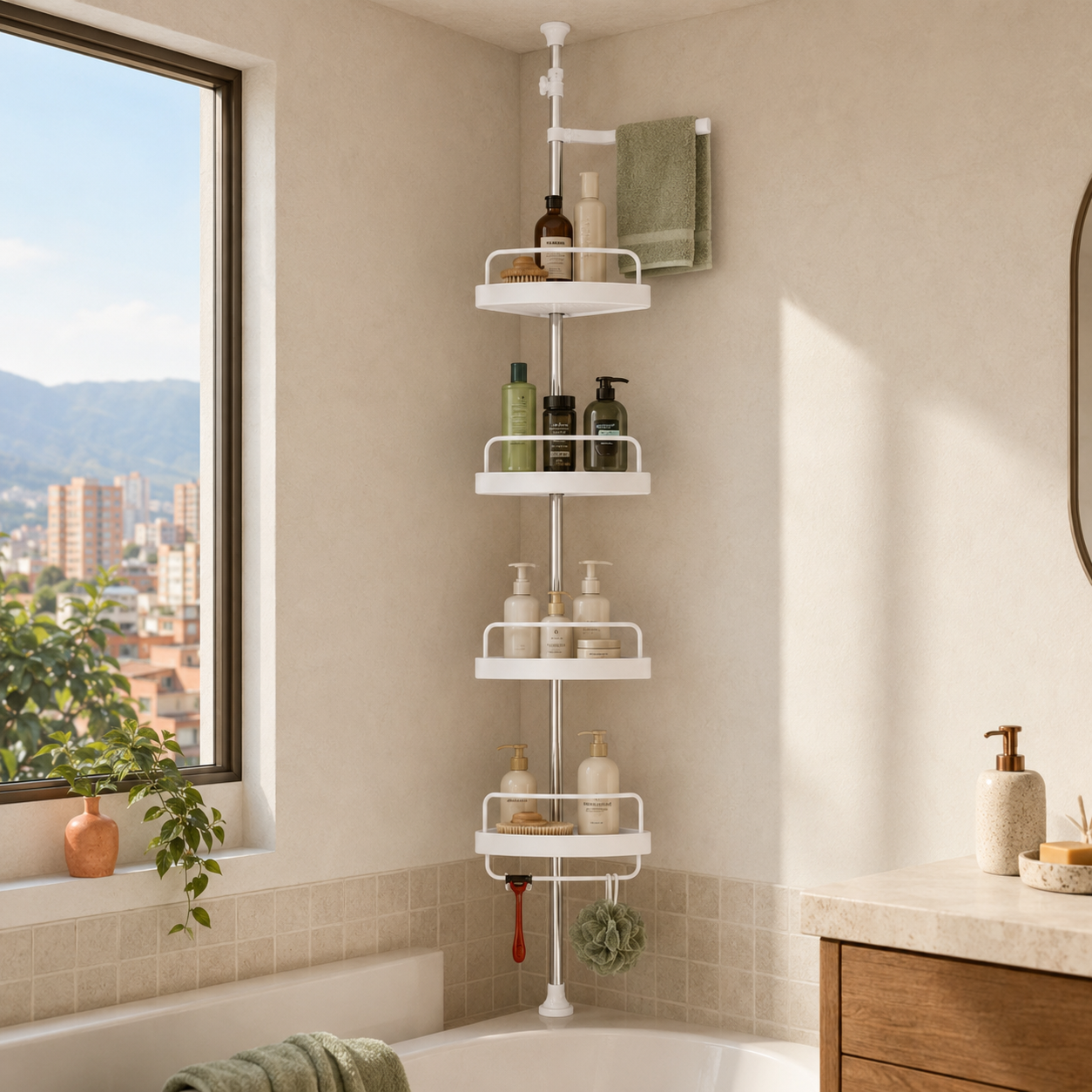 Organizador esquinero blanco de cuatro niveles en un baño cálido y ordenado