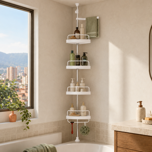 Organizador esquinero blanco de cuatro niveles en un baño cálido y ordenado